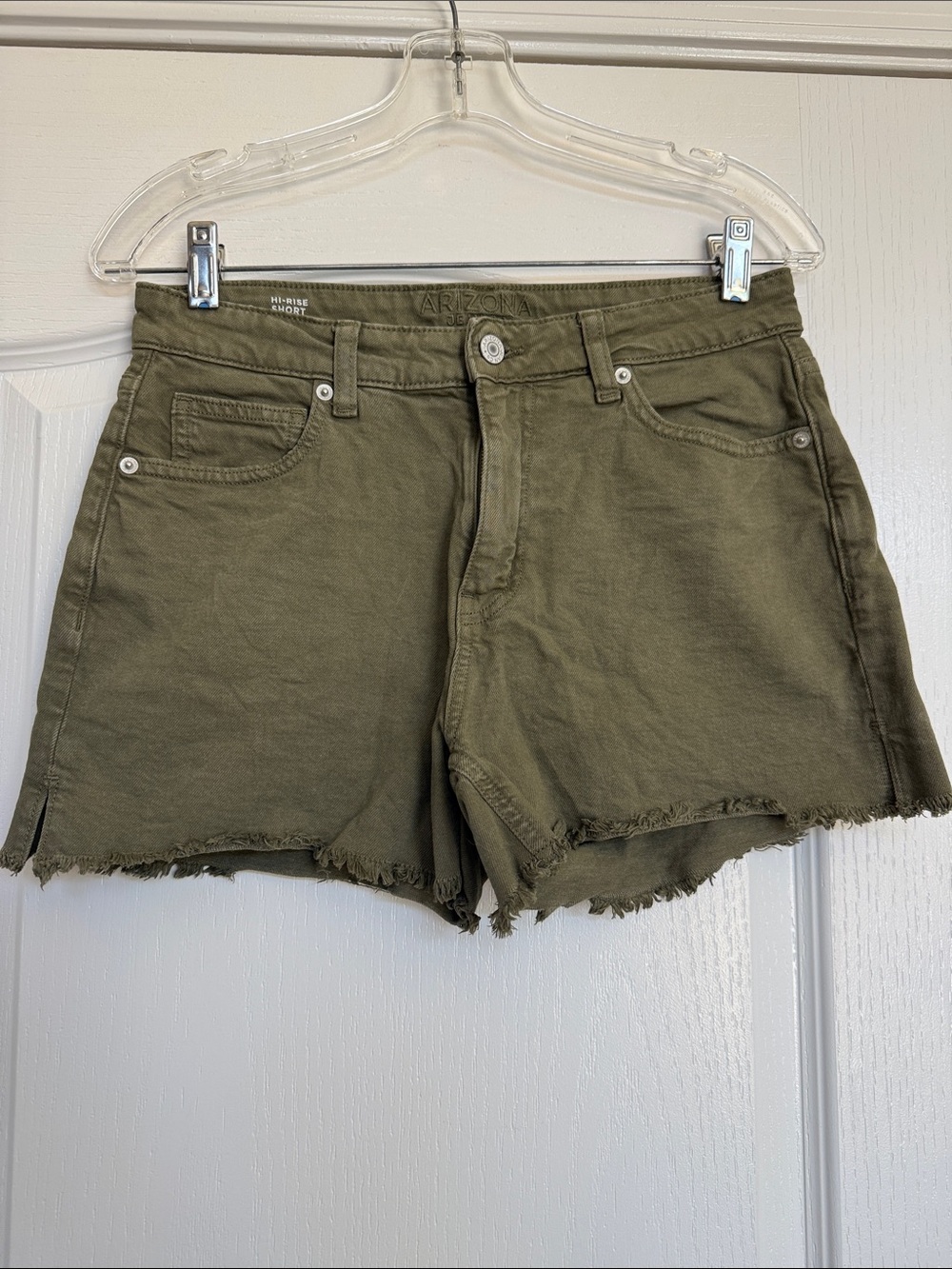 Arizona Jean Company Olive Green Frayed Hem Denim Shorts